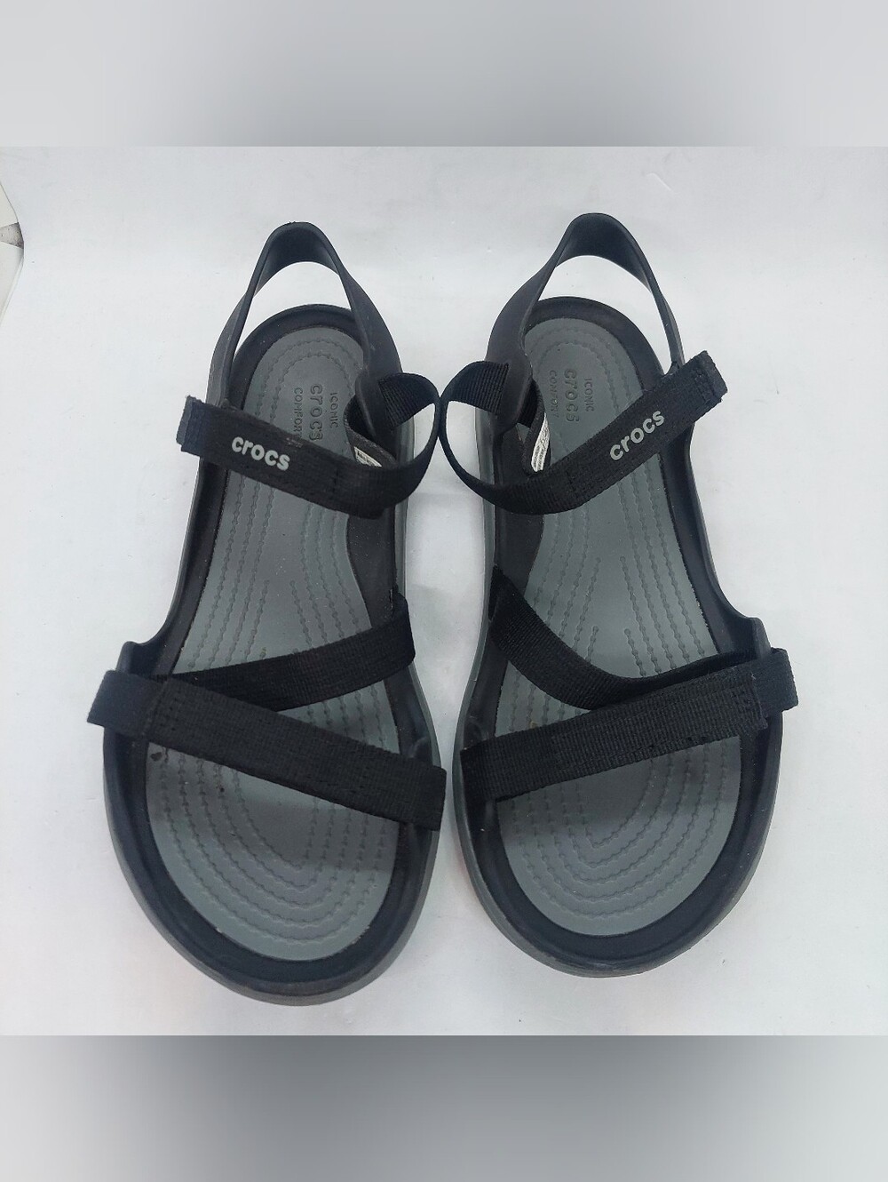 Crocs Swiftwater Webbing Sandals Black Gray Womens Size 8 Strappy Casual Shoes